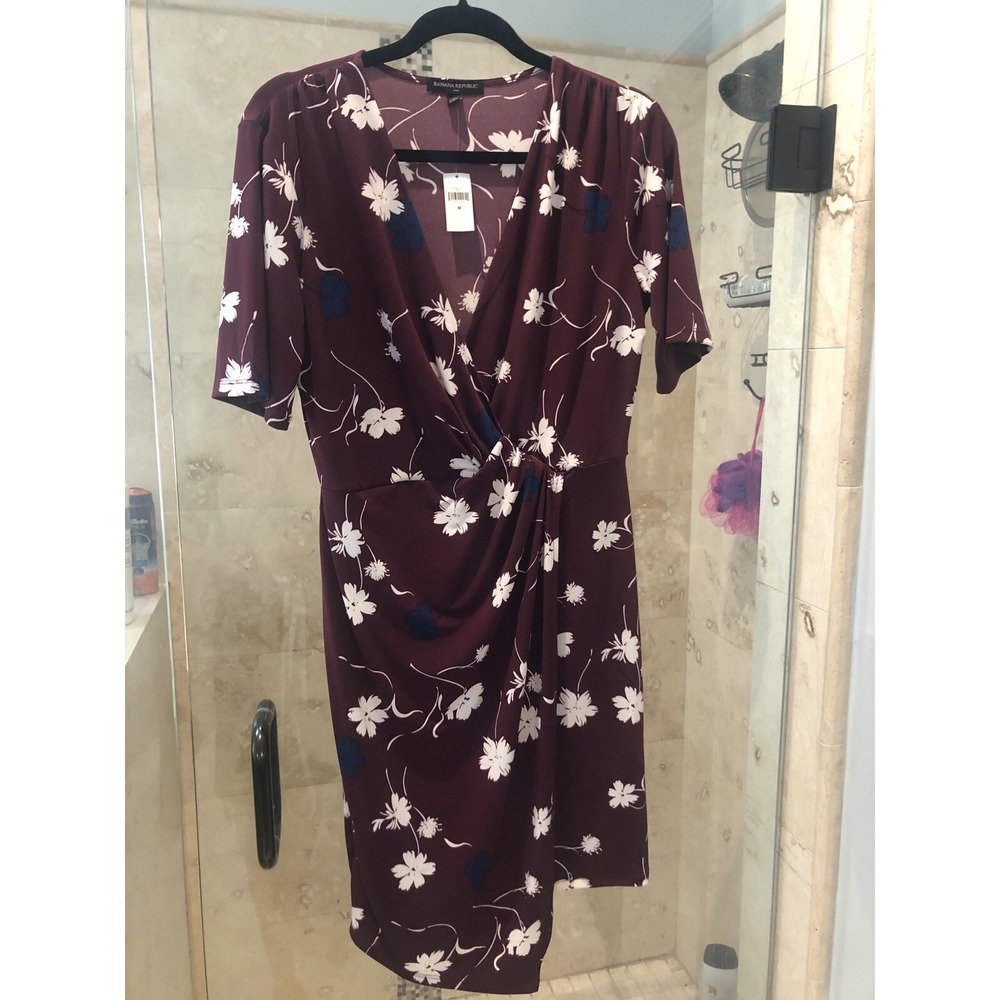 BANANA REPUBLIC $128 NEW PURPLE POPPY FLORAL Moc Wrap Stretch  DRESS  6 M